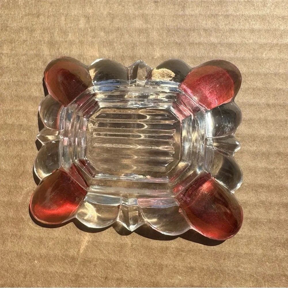 Vintage Ruby Stained Clear Glass Trinket Dish Ashtray